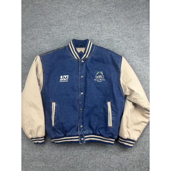 Johns Manville WBC Jacket Mens XL Blue Tan Denim Varsity Bomber Tri-Mountain - Picture 1 of 7
